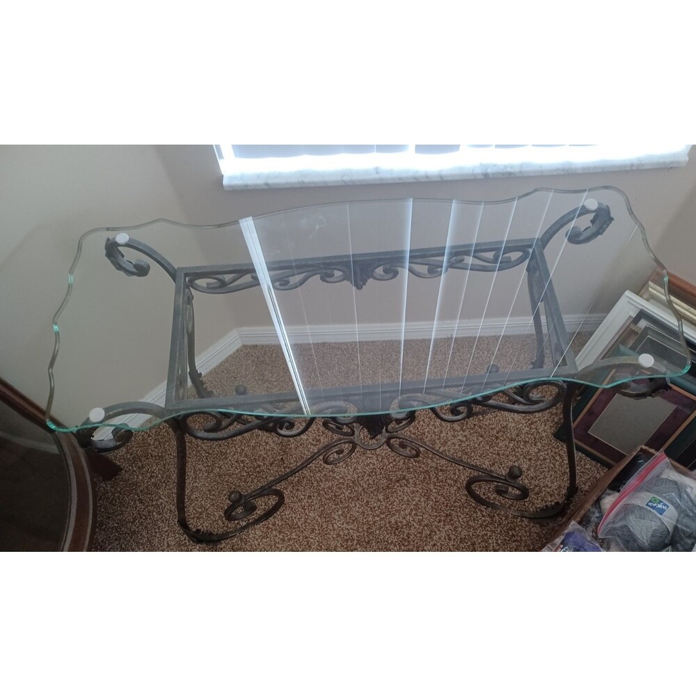 Vintage Wrought Iron Sofa Table With Ornate & Unique Belved Glass